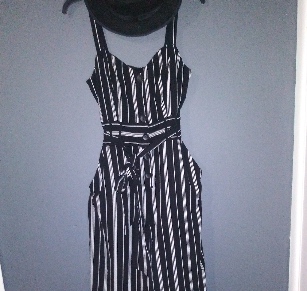 Striped Black & White Sleeveless Jumpsuit with Waist Tie
